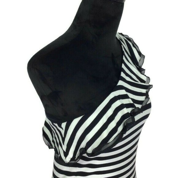 White House Black Market Striped One Shoulder Ruffle Black & White Top - Picture 6 of 8
